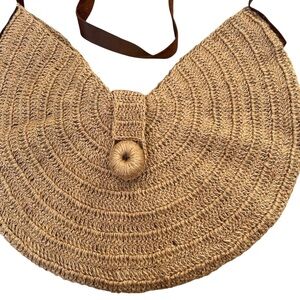Handwoven Straw or Raffia Half-Moon Hobo Bag Boho W/ Leather Strap Beach